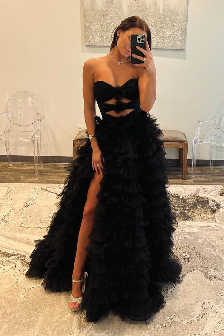 Black Tulle Tiered Ruffle Sweetheart Long Prom Dress with Slit