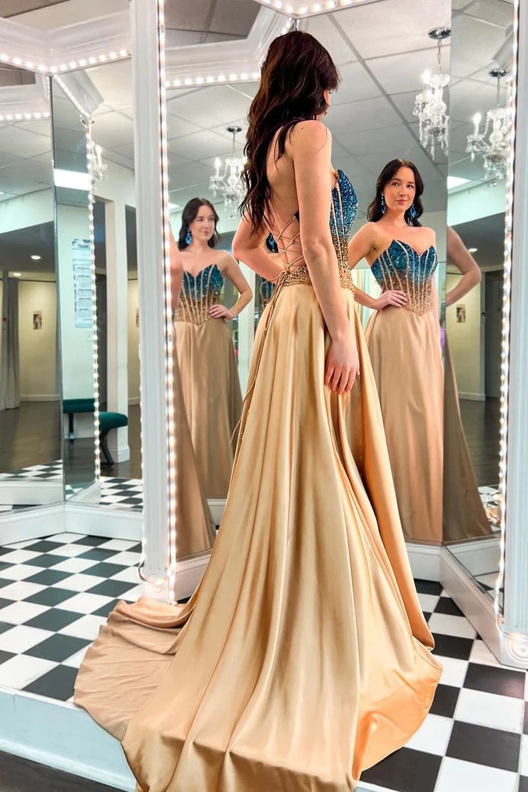 Gold A-Line Strapless Long Prom Dresses with Beadings