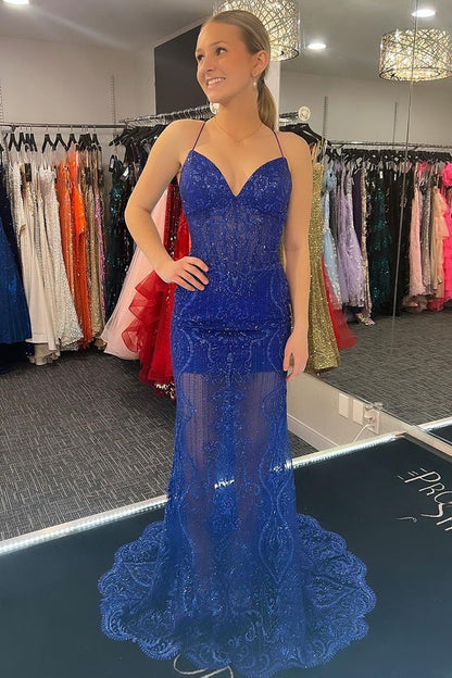 Royal Blue Sequins Lace Mermaid V Neck Long Prom Dress, PD25295