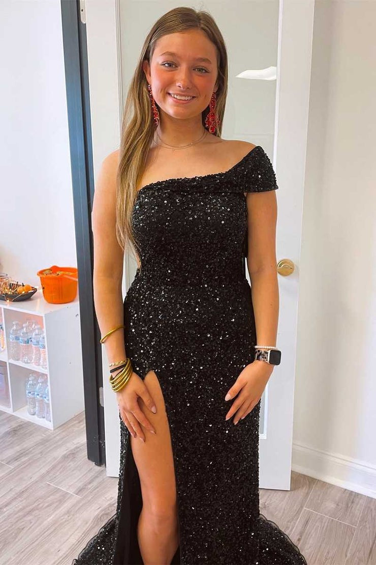 Black One Shoulder Sequined Cap Sleeve Long Party Dress, PD25679