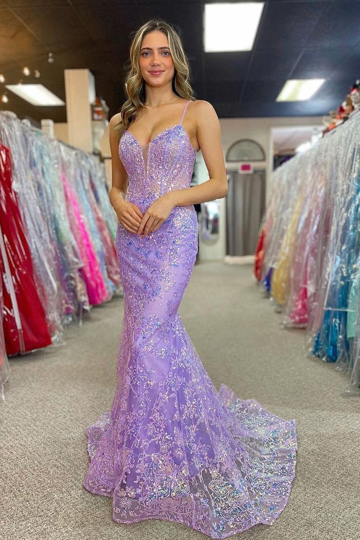 Lilac V Neck Sequins Appliques Mermaid Long Prom Dress