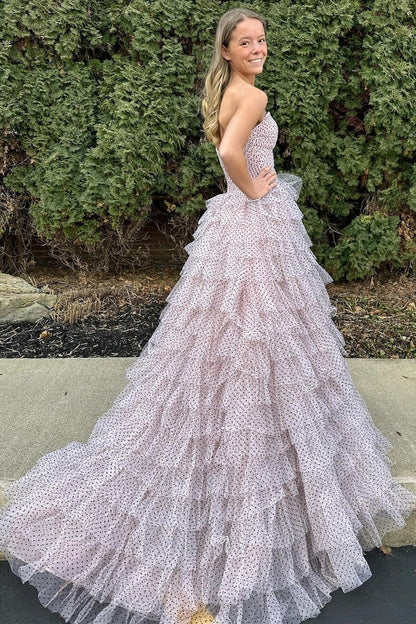 Light Pink Dot Sweetheart A Line Tiered Prom Dress with Slit