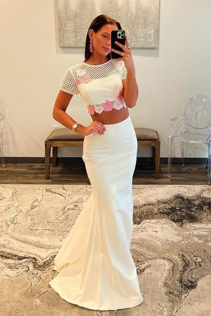 White Lace Two Piece Short Sleeves Long Prom Dress, PD25227