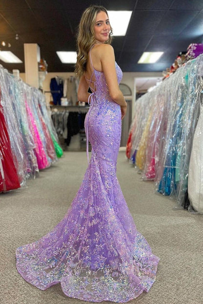 Lilac V Neck Sequins Appliques Mermaid Long Prom Dress