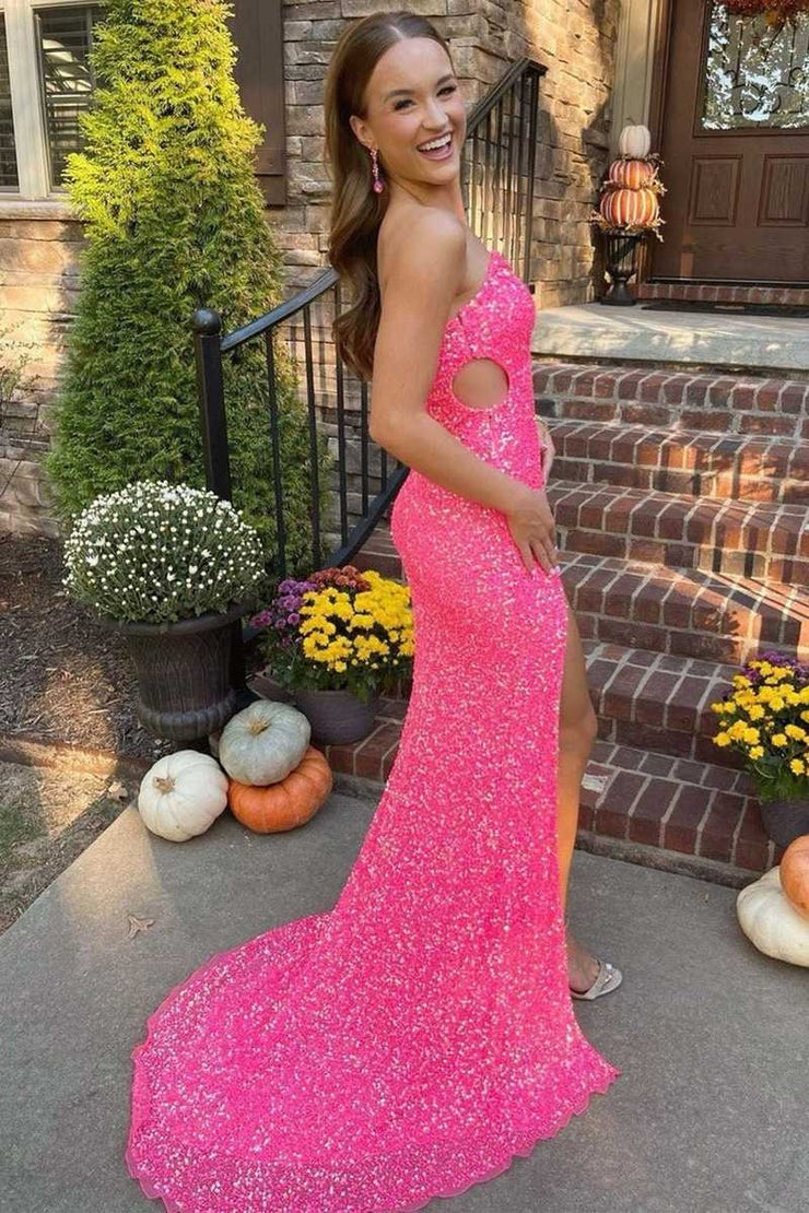 Black One Shoulder Sequined Cap Sleeve Long Party Dress, PD25679