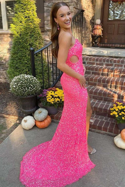 Black One Shoulder Sequined Cap Sleeve Long Party Dress, PD25679