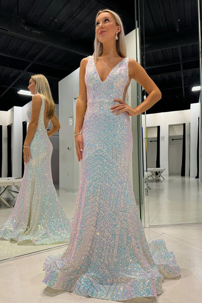 White Sequins Mermaid V Neck Long Prom Dress