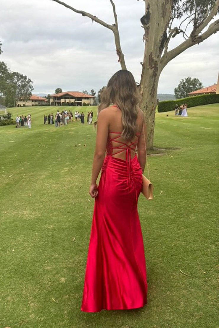 Red Mermaid Cowl Neck Prom Dresses with Slit