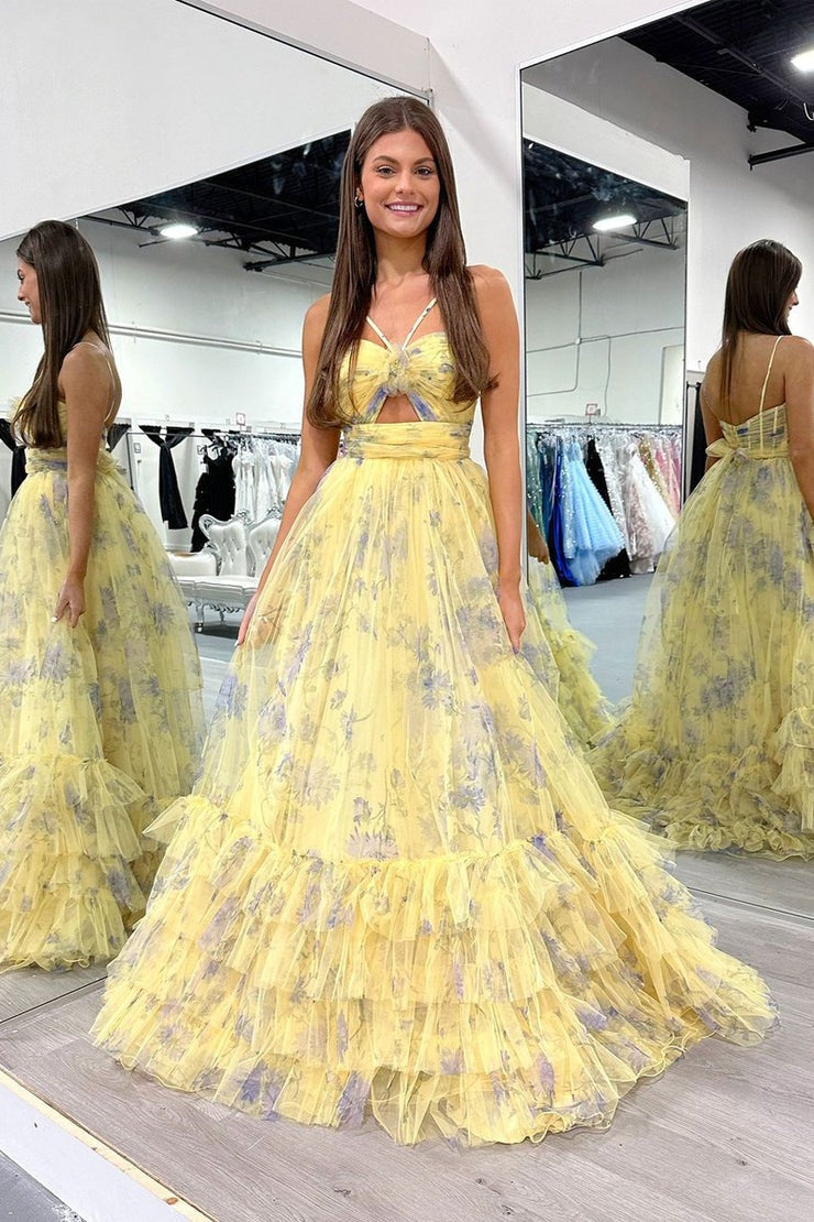 Halter A-Line Floral Printed Tulle Long Prom Dresses, PD25187