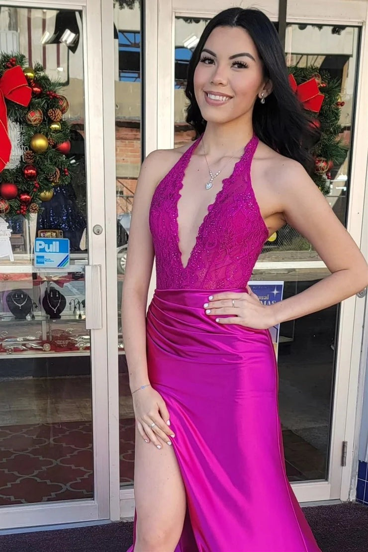 Black Mermaid Halter Pleated Long Formal Dress with Slit, PD25621