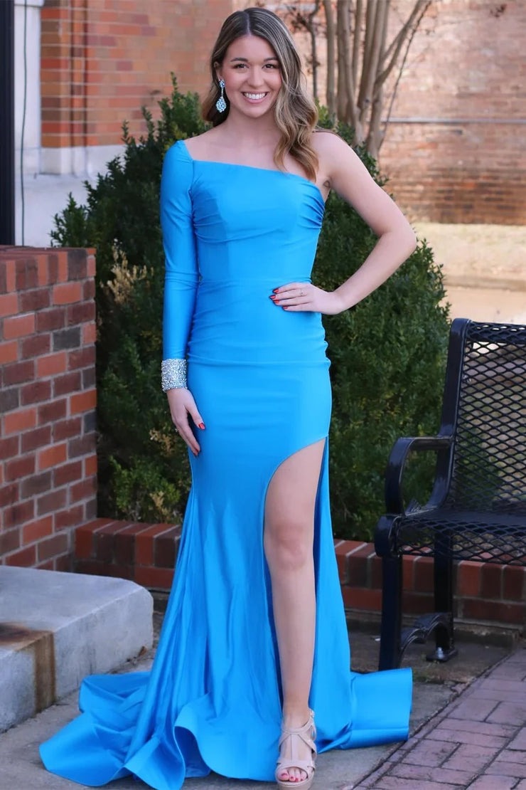 Peacock Blue Mermaid One - Sleeve Long Gown with Slit, PD25572