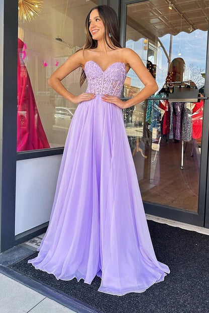 Purple A Line Sweetheart Corset Prom Dress with Appliques, PD25611