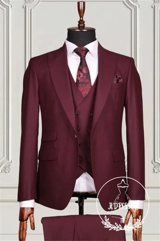 Burgundy Three Pieces Formal Business Men Suits, SU25094