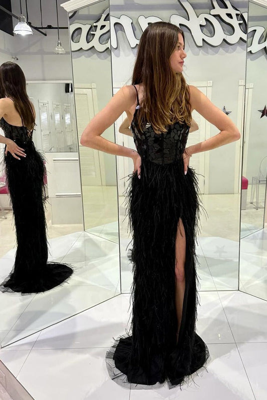 Black V Neck Long Mirror-Cut Feathered Prom Dress with Slit, PD25732