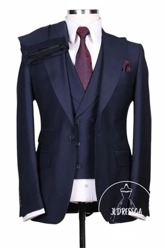 Navy Blue Peaked Lapel Three Pieces Prom Men Suits, SU25174