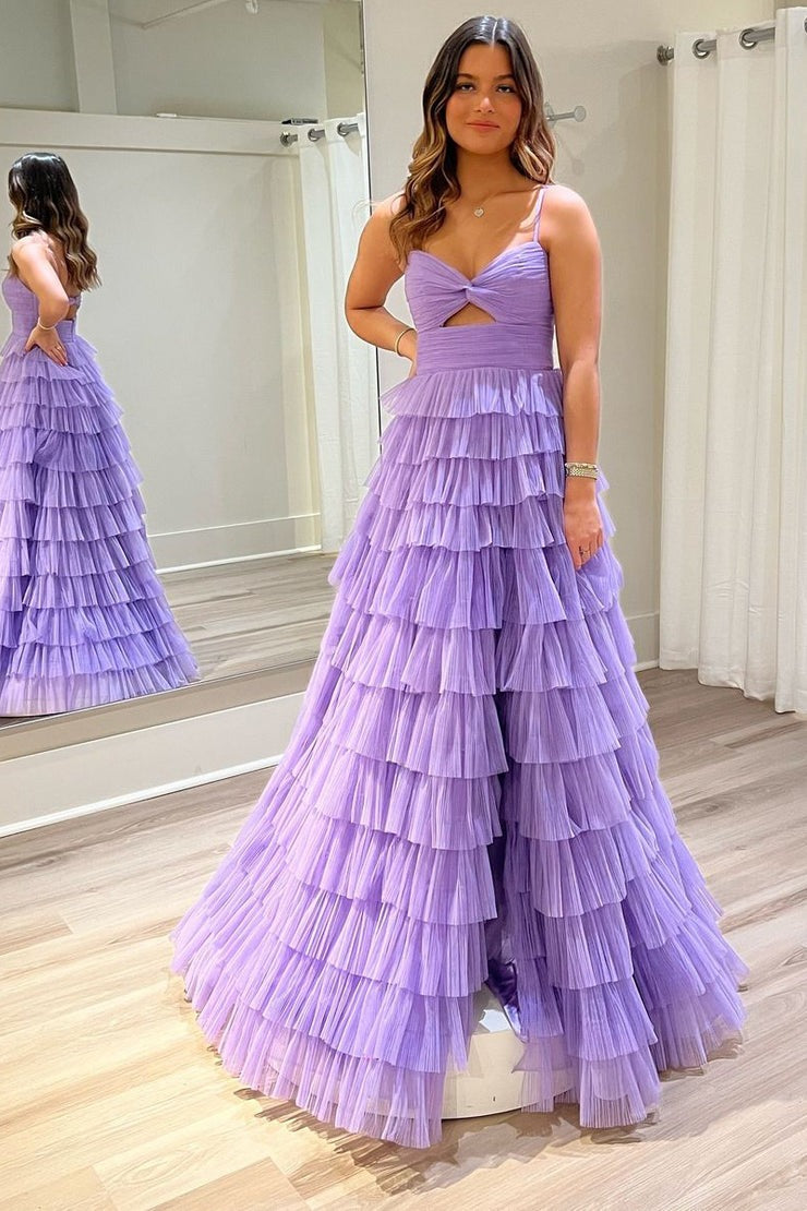 Lilac Tulle Ruffle Tiered Sweetheart Keyhole Long Prom Dress