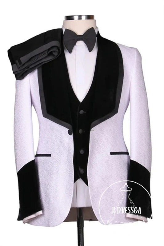 Modern White Jacquard Shawl Lapel Three Pieces Wedding Suits For Men, SU25184