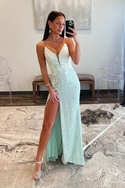 Sequins Mermaid V Neck Long Prom Dress with Appliques