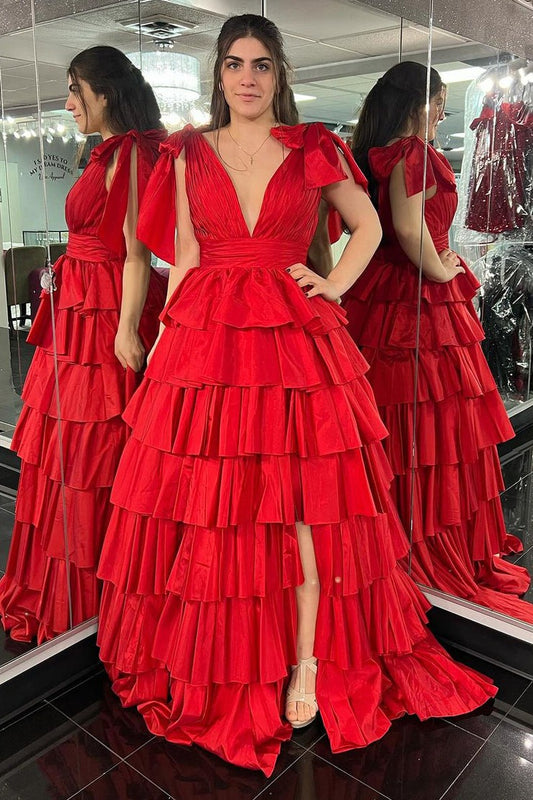 Red Satin A-Line V Neck Ruffle Tiered Long Prom Dress