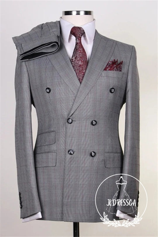 Gray Plaid Double Breasted Peaked Lapel Men Suits, SU25194
