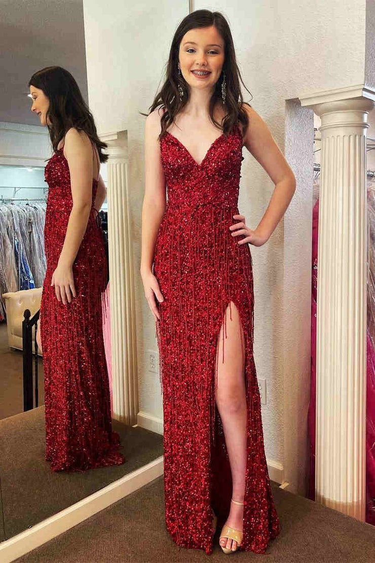 Blue Glitter V - Neck Long Prom Dress with Tassel, PD25661