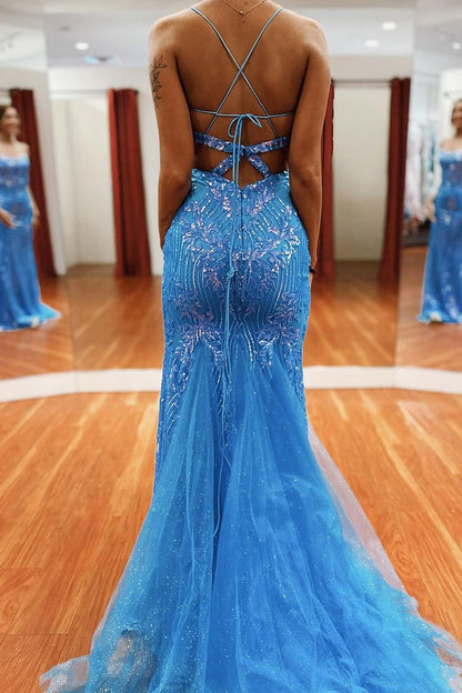 Light Blue Mermaid Scoop Neck Sequins Lace Long Prom Dresses