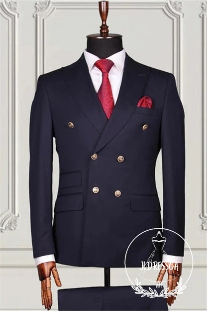 Navy Blue Double Breasted Peaked Lapel Men Suits, SU25074