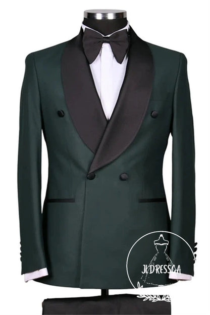 Dark Green Shawl Lapel Double Breasted Wedding Men Suits, SU25154