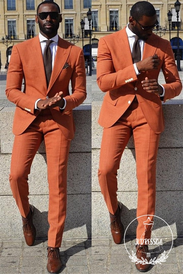 Orange Slim Fit Men Suit Peaked Lapel Prom Suits, SU25033