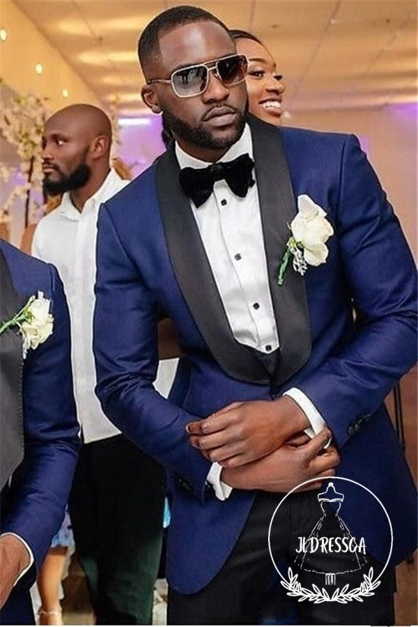 Navy Blue Three Piece Wedding Groomsmen Suit with Black Shawl Lapel, SU25054