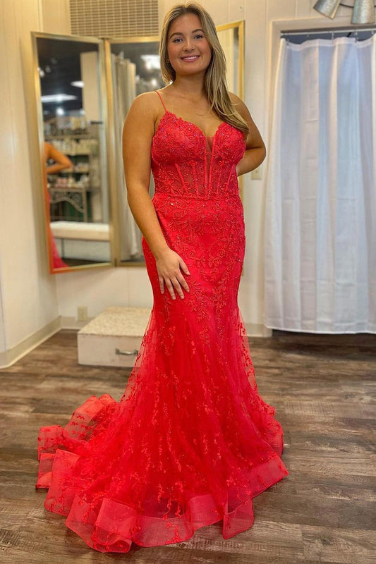 Red Tulle Lace V Neck Mermaid Long Prom Dresses