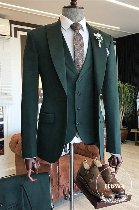 Dark Green Bespoke Peaked Lapel Three Pieces Men Suits, SU25024
