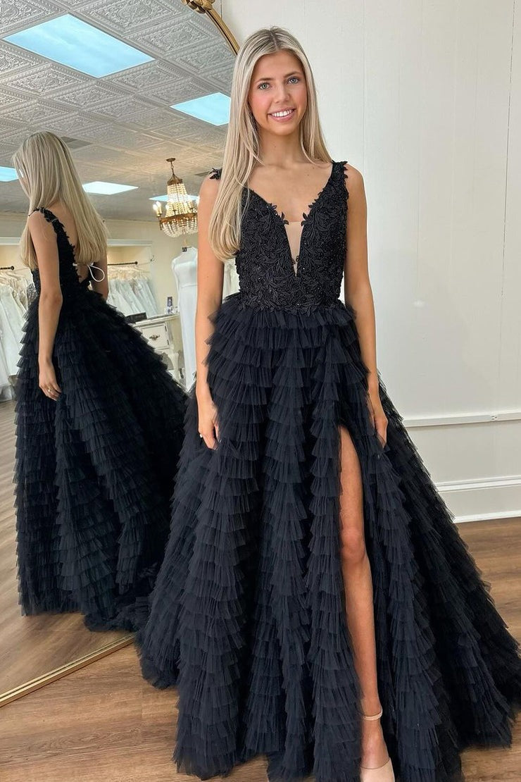 V Neck A-Line Ruffle Tiered Tulle Long Prom Dress with Slit, PD25196