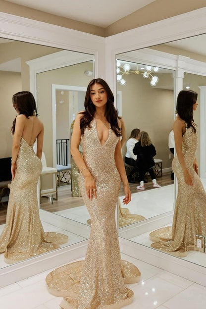Gold Sequins Halter Mermaid Long Prom Dress with Backless, PD25191