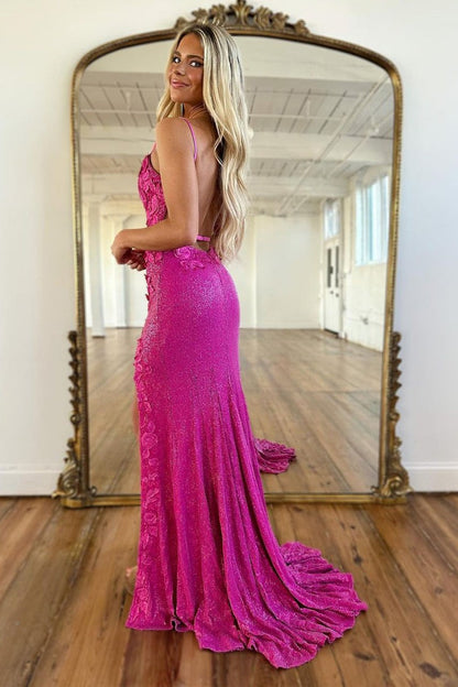 Purple Sequins V Neck Mermaid Long Prom Dress with Slit