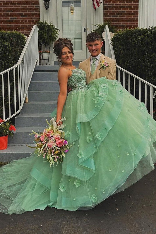 Sweetheart Ball Gown Sage Green Tulle Long Prom Dresses with Appliques