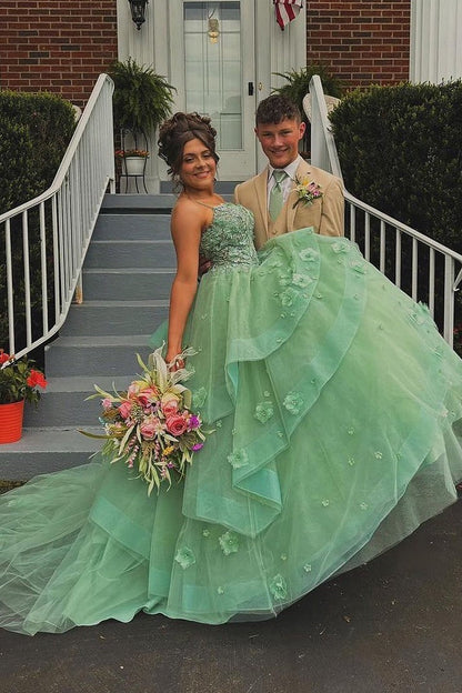 Sweetheart Ball Gown Sage Green Tulle Long Prom Dresses with Appliques, PD25049