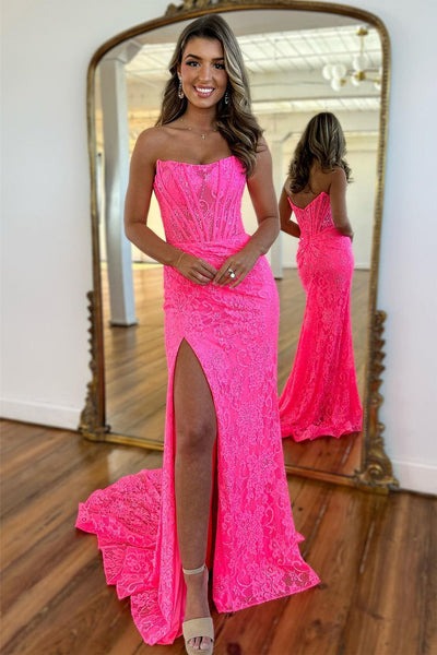 Strapless Mermaid Pink Lace Long Prom Dress with Slit