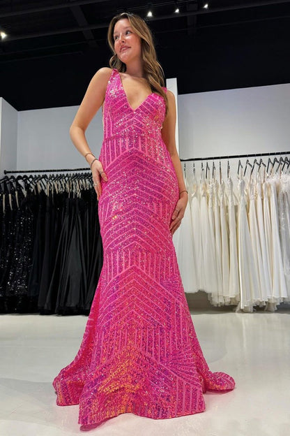 Pink Sequins Mermaid V Neck Long Prom Dress, PD25319