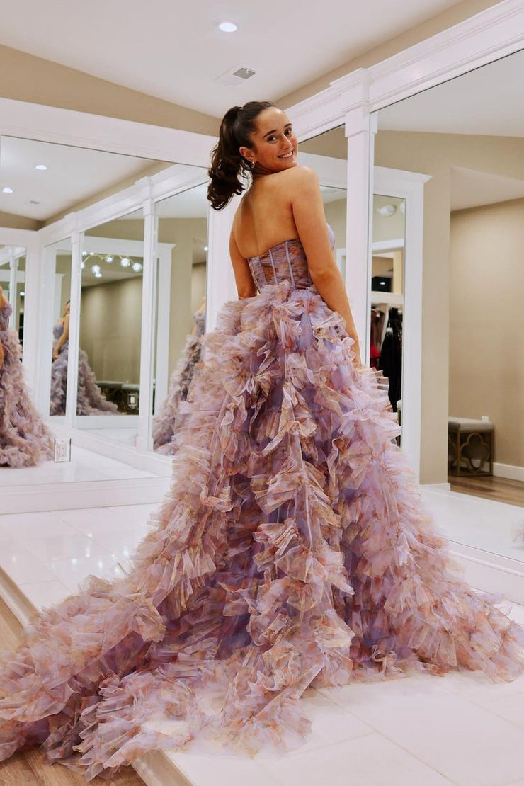 Floral Printed Tulle Long Prom Dress with Ruffle Tiered