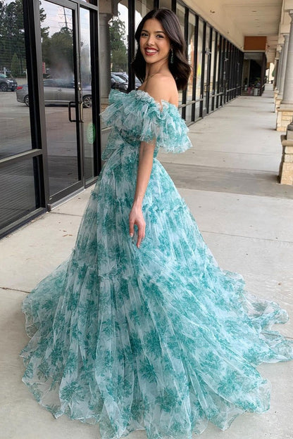 Floral Printed A-Line Off the Shoulder Ruffle Long Prom Dresses