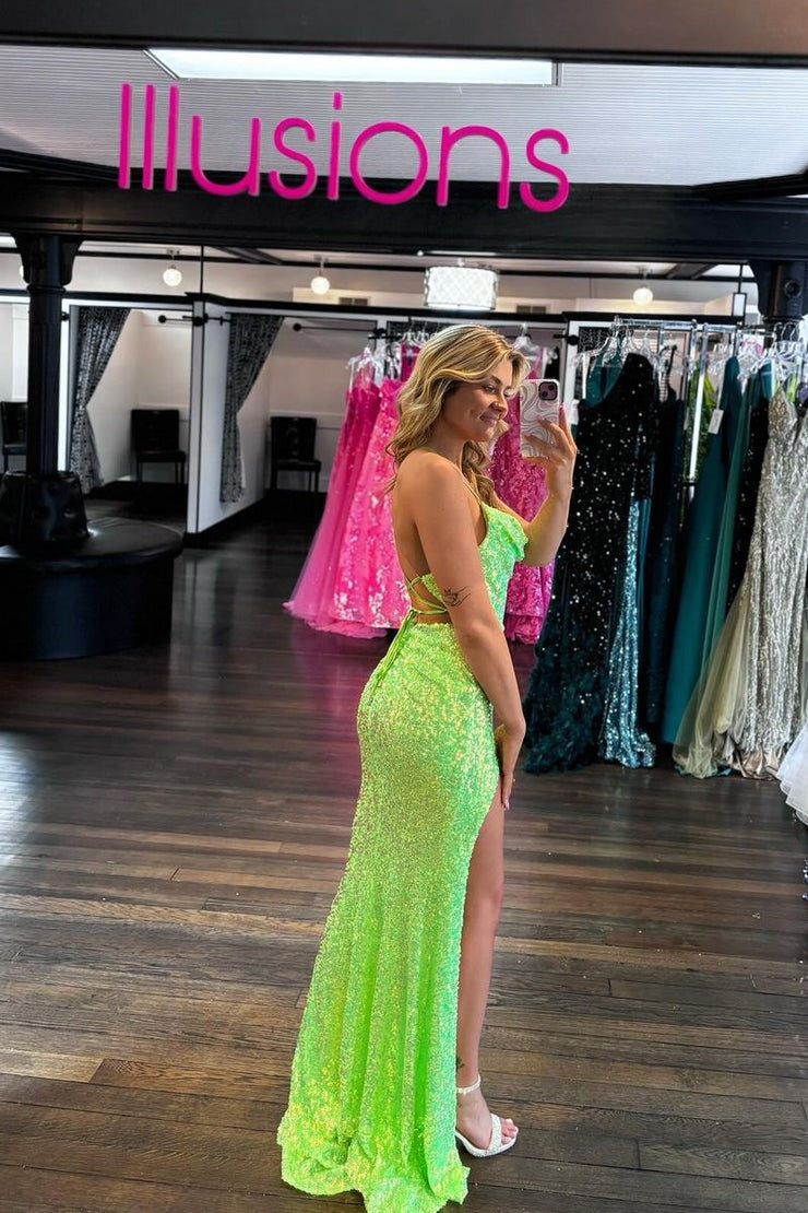 Cowl Neck Mermaid Green Sequins Long Prom Dresses with Slit