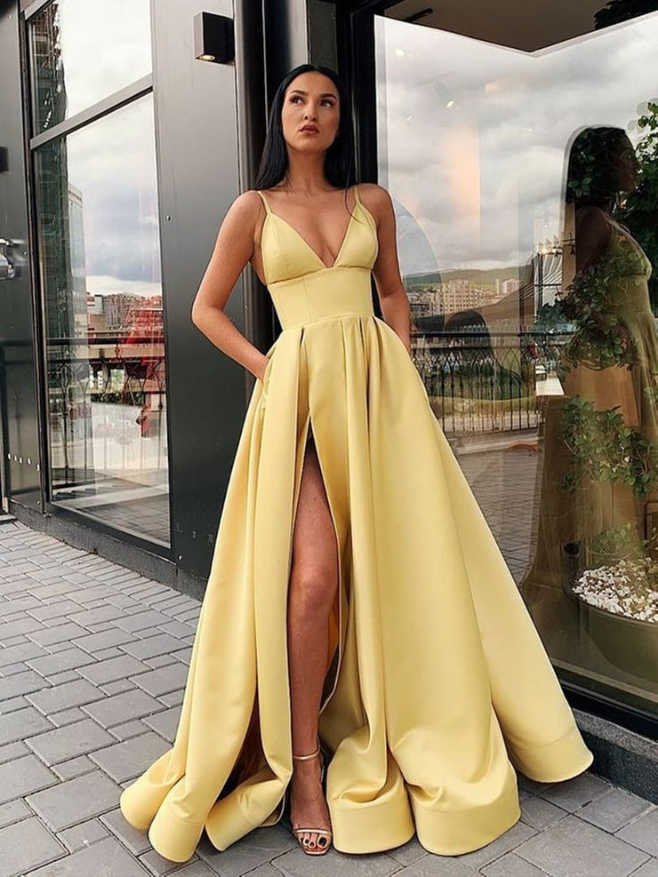 Yellow Satin A-Line V Neck Prom Dresses with Straps, Formal Evening Dresses