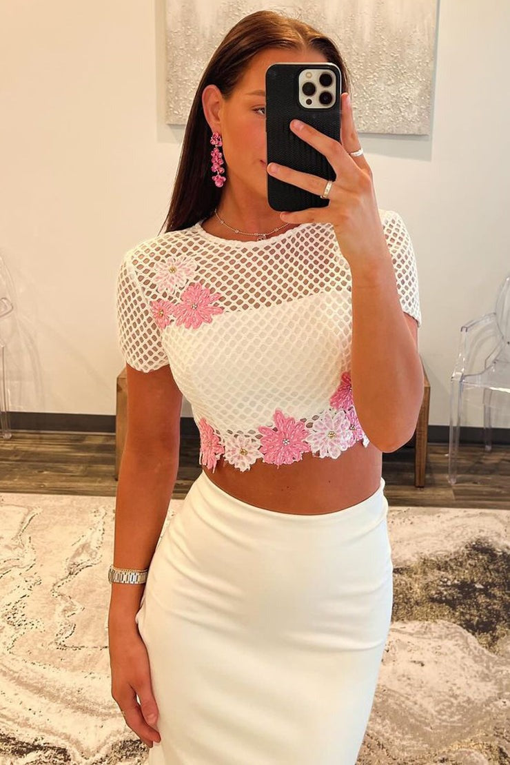 White Lace Two Piece Short Sleeves Long Prom Dress