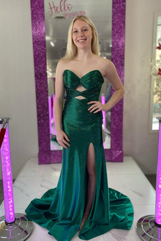 Green Satin Mermaid Sweetheart Cute Sparkly Slit Prom Dress with Beading