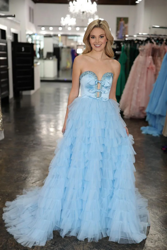 Light Blue Sweetheart Tiered Tulle Long Prom Dress, PD2404222