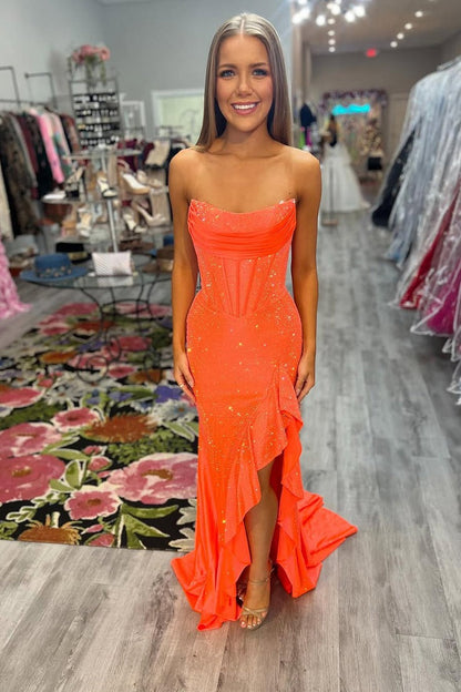 Orange Satin Mermaid Scoop Neck Prom Dresses with Beading