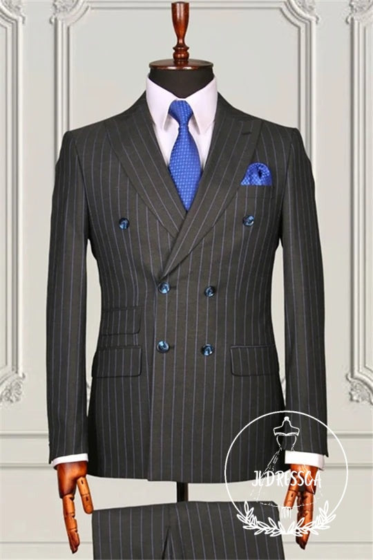 Formal Gray Striped Double Breasted Bespoke Men Suits, SU25125