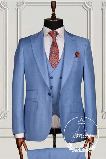 Light Blue Peaked Lapel Three Pieces Men Suits, SU25075