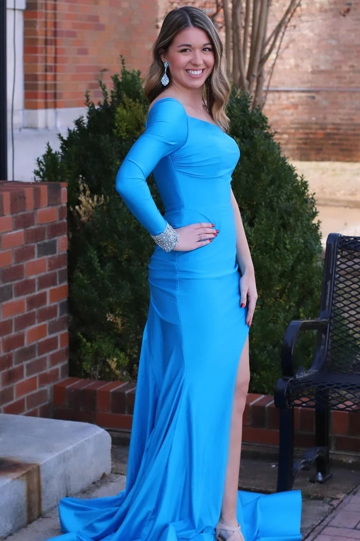 Peacock Blue Mermaid One - Sleeve Long Gown with Slit, PD25572